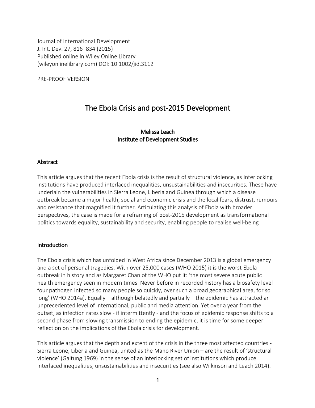 The Ebola Crisis and Post-2015 Development