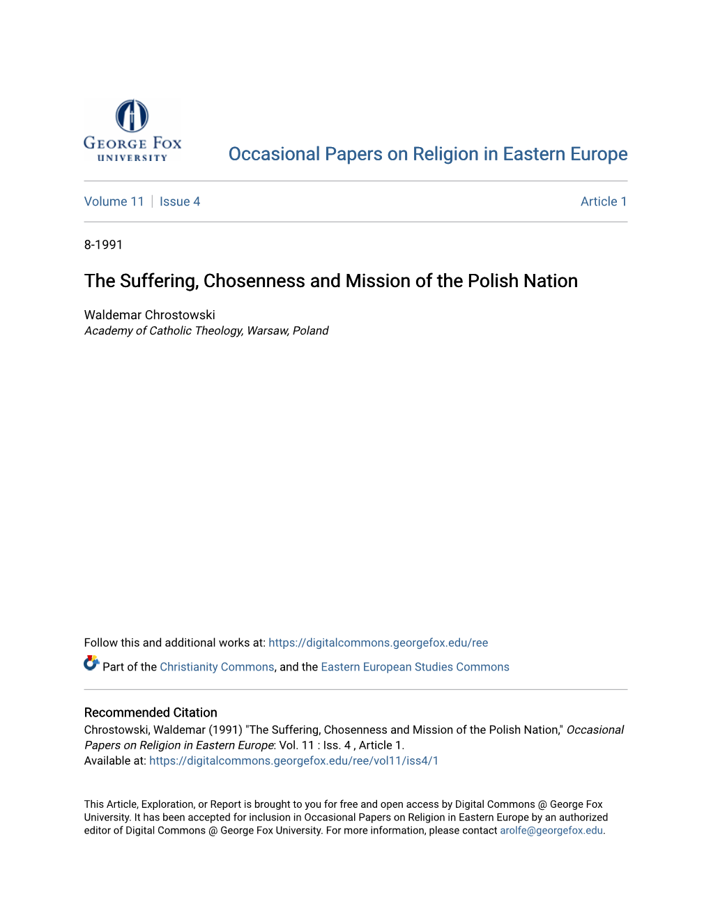 The Suffering, Chosenness and Mission of the Polish Nation