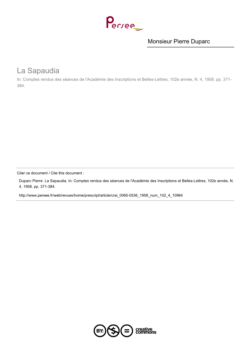 La Sapaudia In: Comptes Rendus Des Séances De L'académie Des Inscriptions Et Belles-Lettres, 102E Année, N