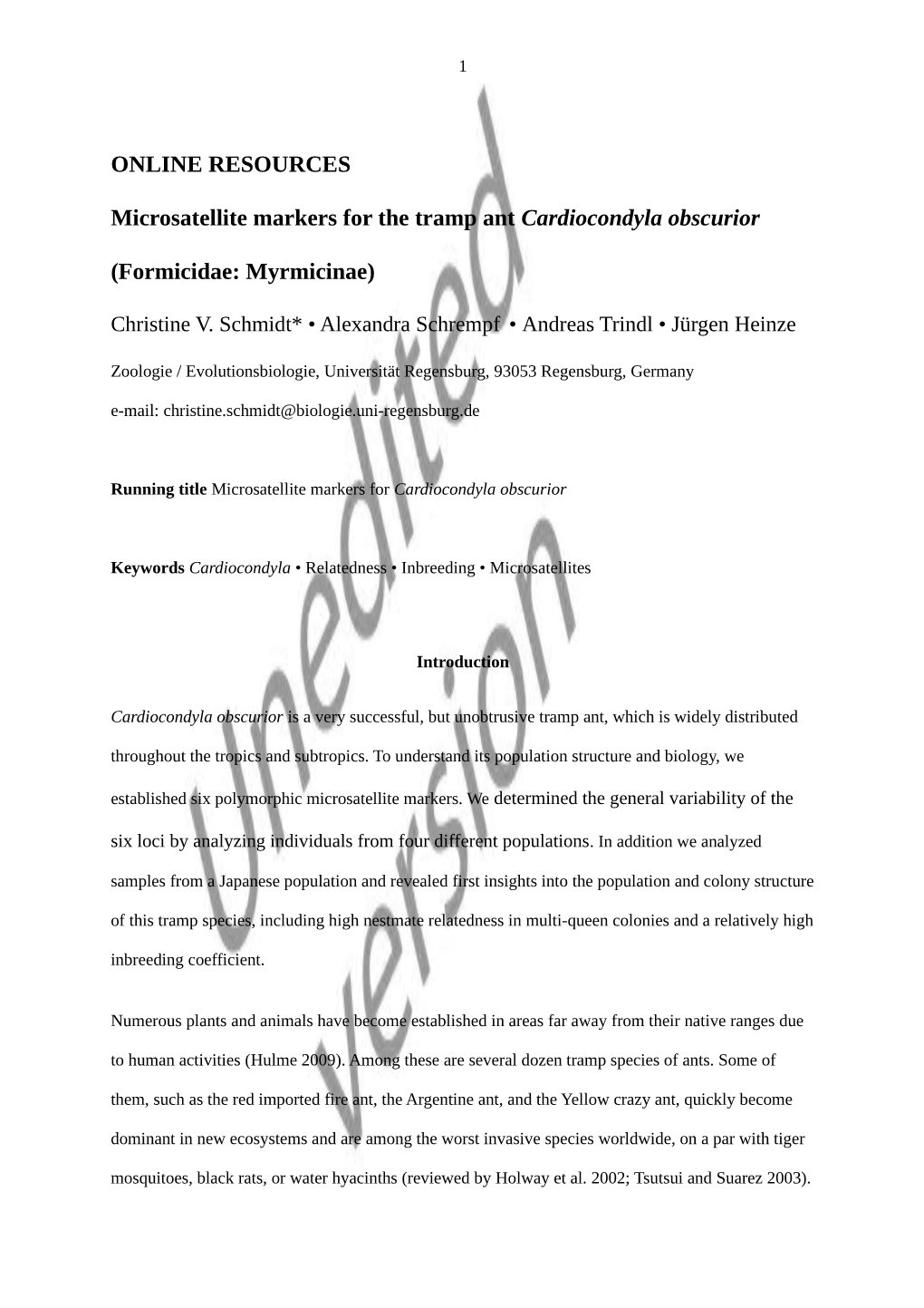 ONLINE RESOURCES Microsatellite Markers for the Tramp Ant