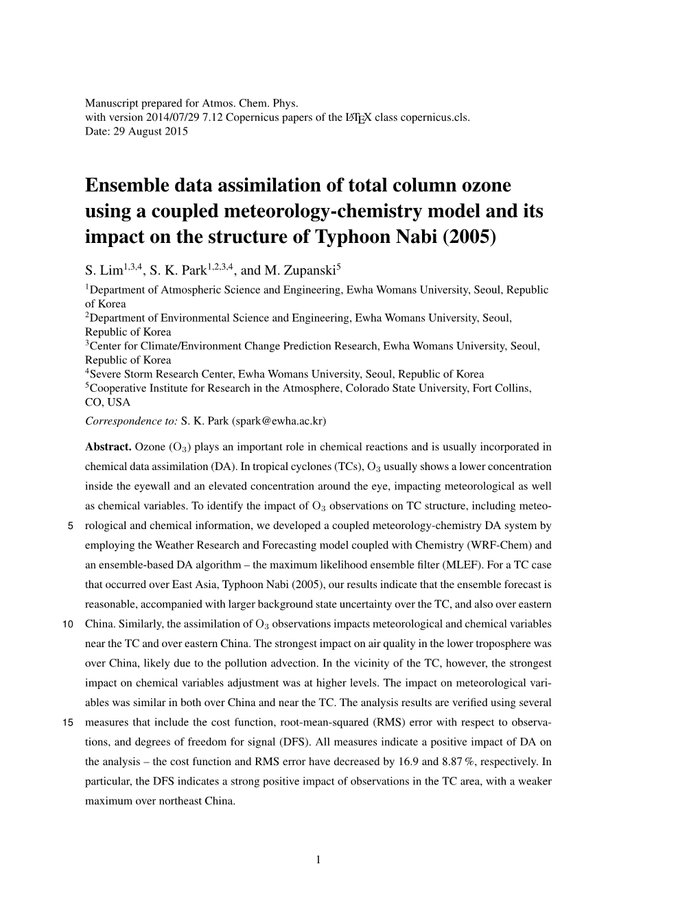 Ensemble Data Assimilation of Total Column Ozone Using a Coupled Meteorology-Chemistry Model and Its Impact on the Structure of Typhoon Nabi (2005)