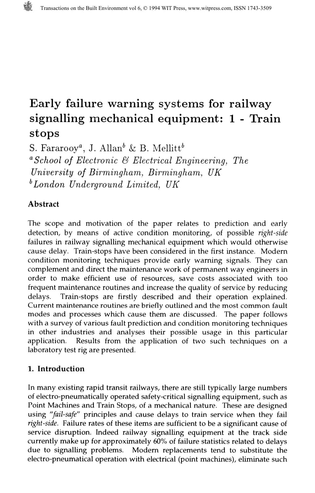 Early Failure Warning Systems for Railway Signalling Mechanical Equipment: 1 - Train Stops