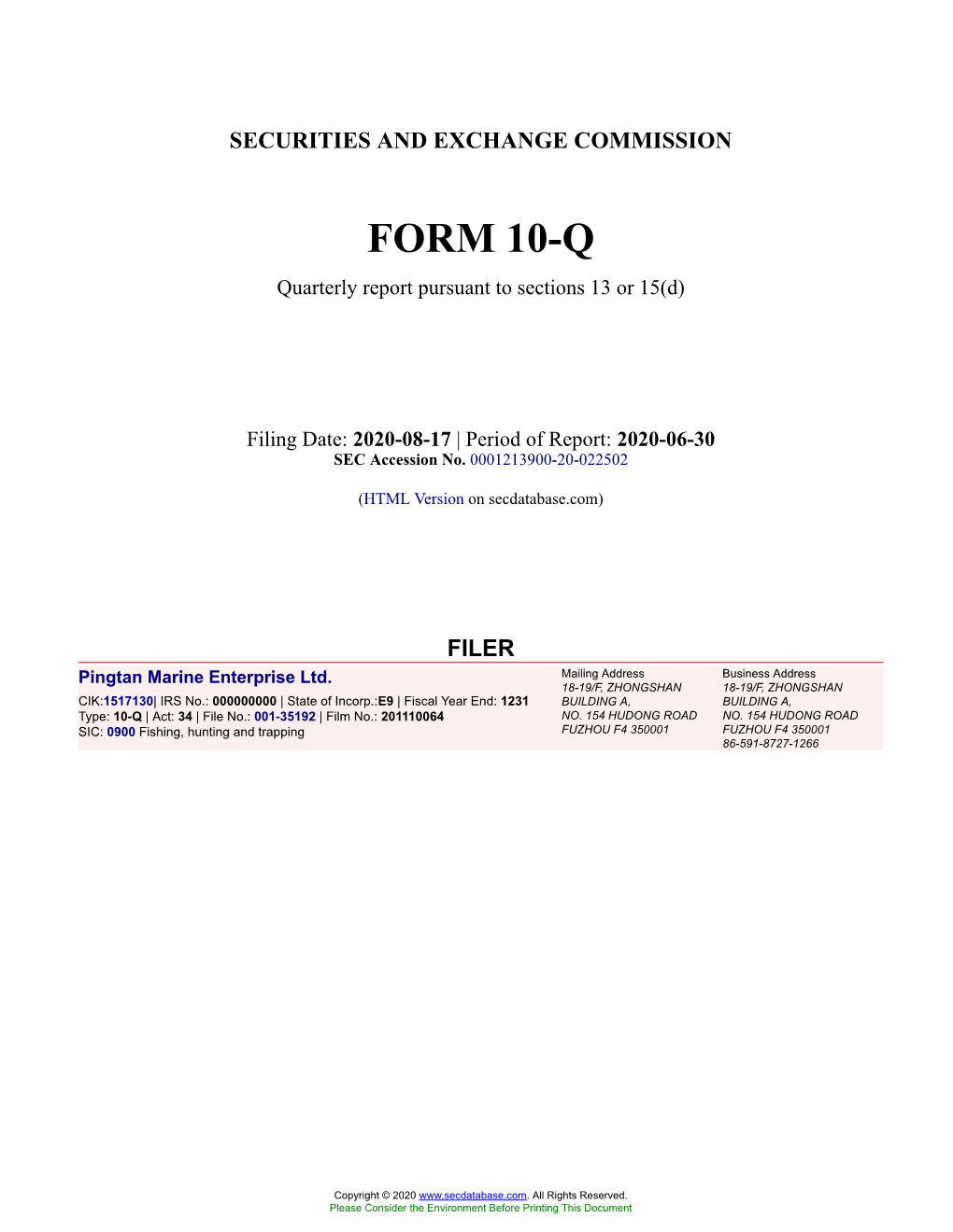 Pingtan Marine Enterprise Ltd. Form 10-Q Quarterly Report Filed