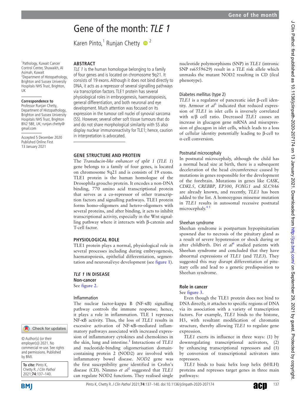 Gene of the Month: TLE 1 Karen Pinto,1 Runjan Chetty ‍ ‍ 2