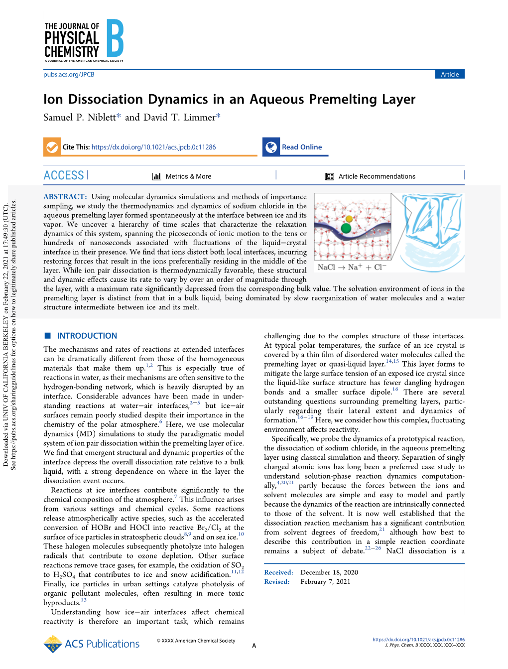 Ion Dissociation Dynamics in an Aqueous Premelting Layer Samuel P