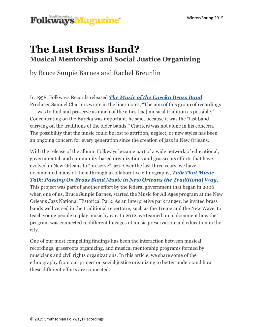 The Last Brass Band? Musical Mentorship and Social Justice Organizing by Bruce Sunpie Barnes and Rachel Breunlin