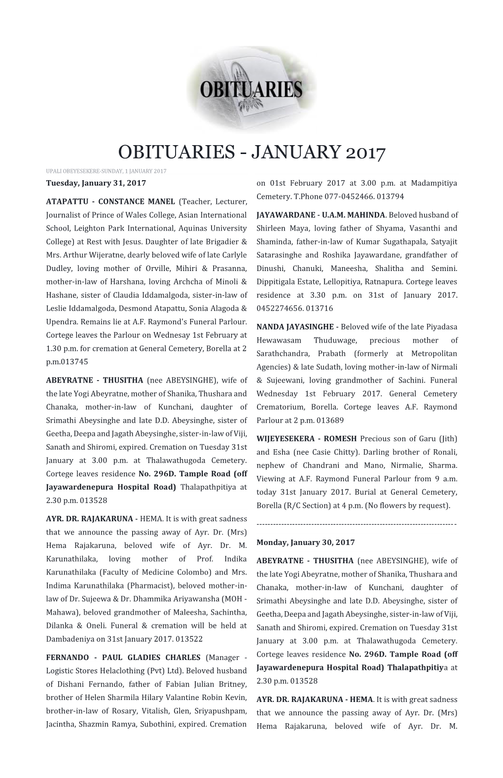 Obituaries for January 2017 – Sri Lanka