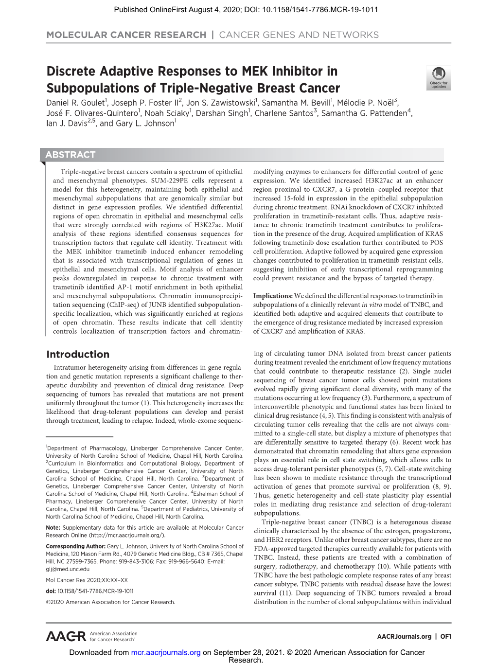 Discrete Adaptive Responses to MEK Inhibitor in Subpopulations of Triple-Negative Breast Cancer Daniel R