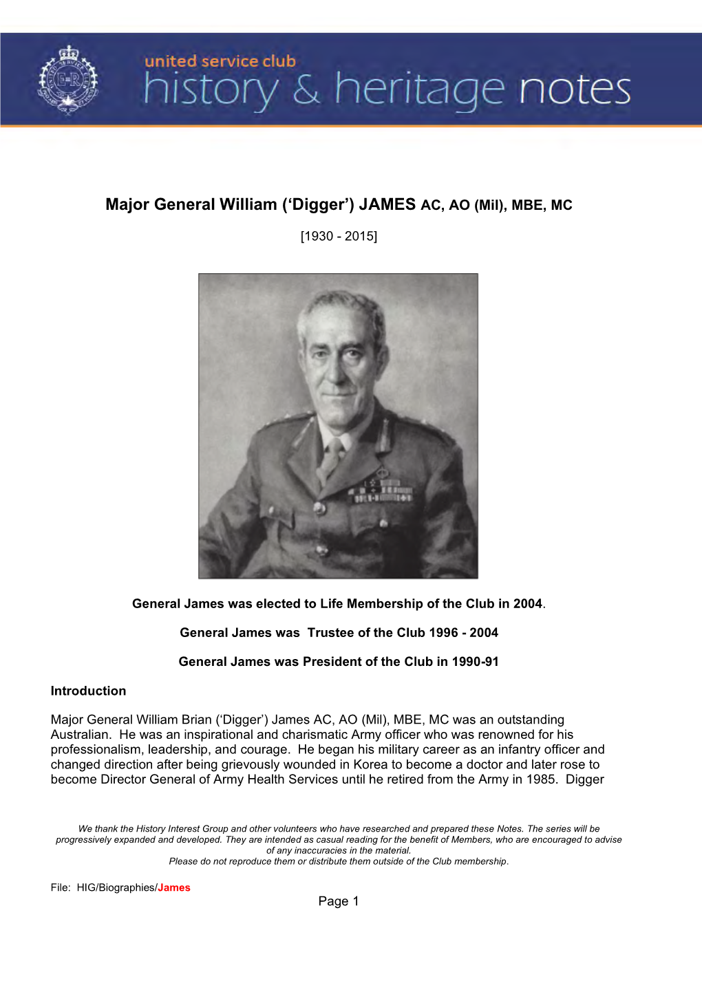 Major General William ('Digger') JAMES AC, AO (Mil), MBE, MC