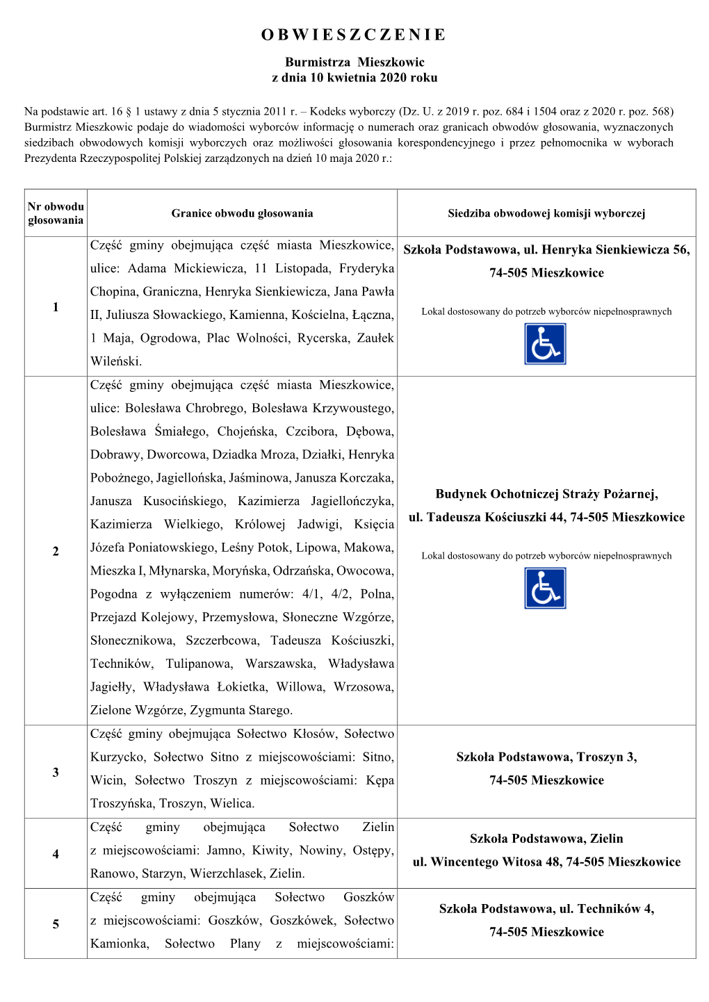 OBWIESZCZENIE Burmistrza Mieszkowic Z Dnia 10 Kwietnia 2020 Roku