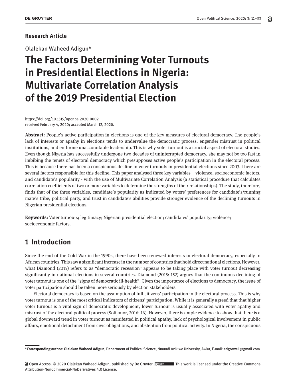 The Factors Determining Voter Turnouts in Presidential Elections in Nigeria: Multivariate Correlation Analysis of the 2019 Presidential Election