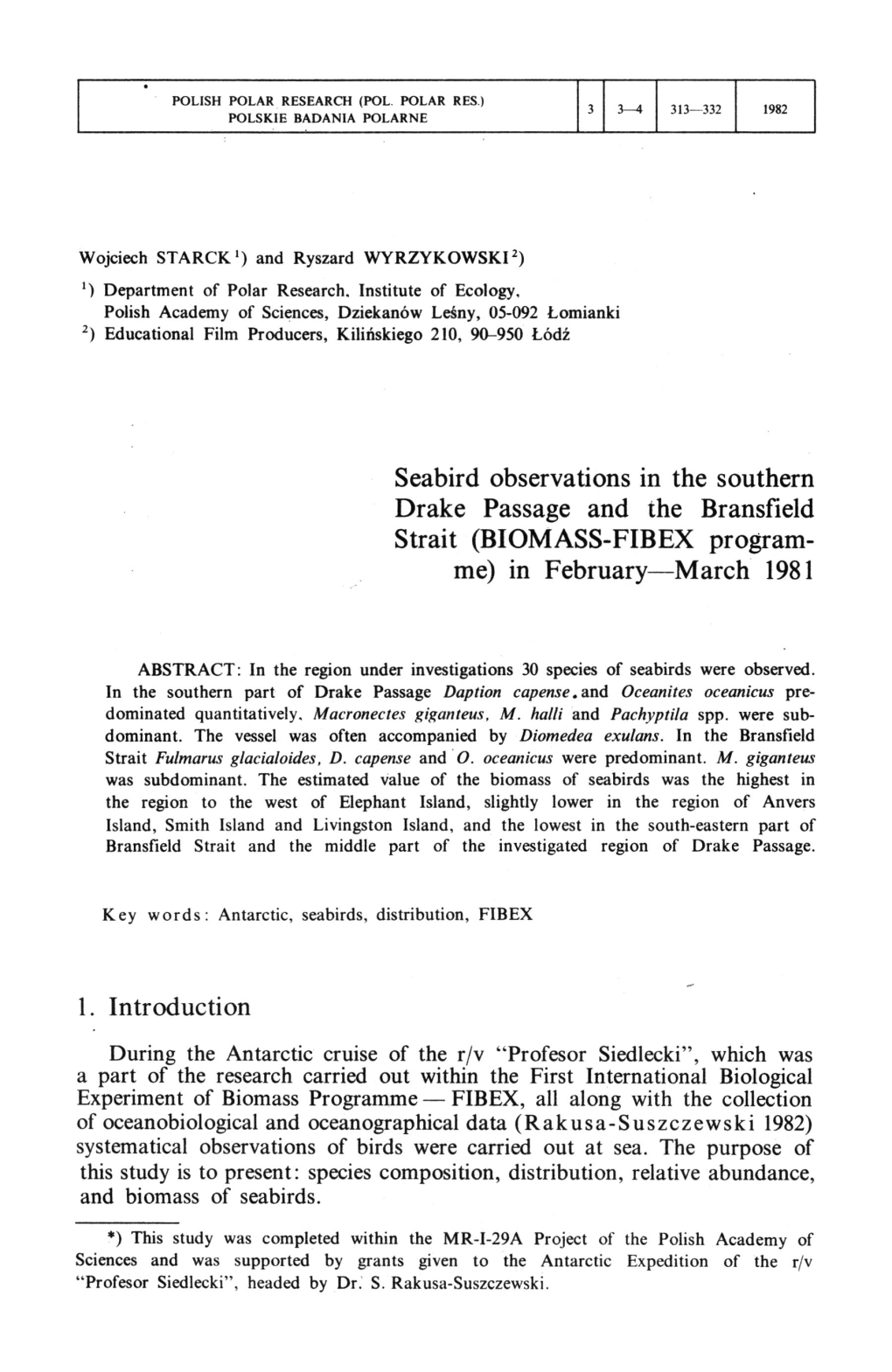 Seabird Observations in the Southern Drake Passage and the Bransfield Strait (BIOMASS-FIBEX Program- Me) in February—March 1981