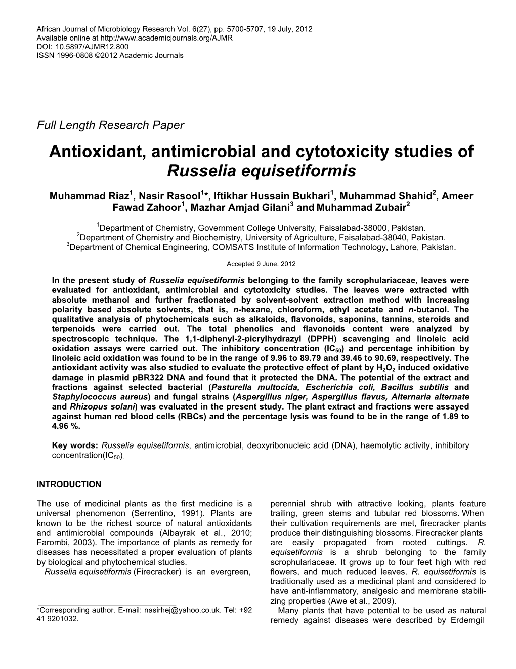 Antioxidant, Antimicrobial and Cytotoxicity Studies of Russelia Equisetiformis