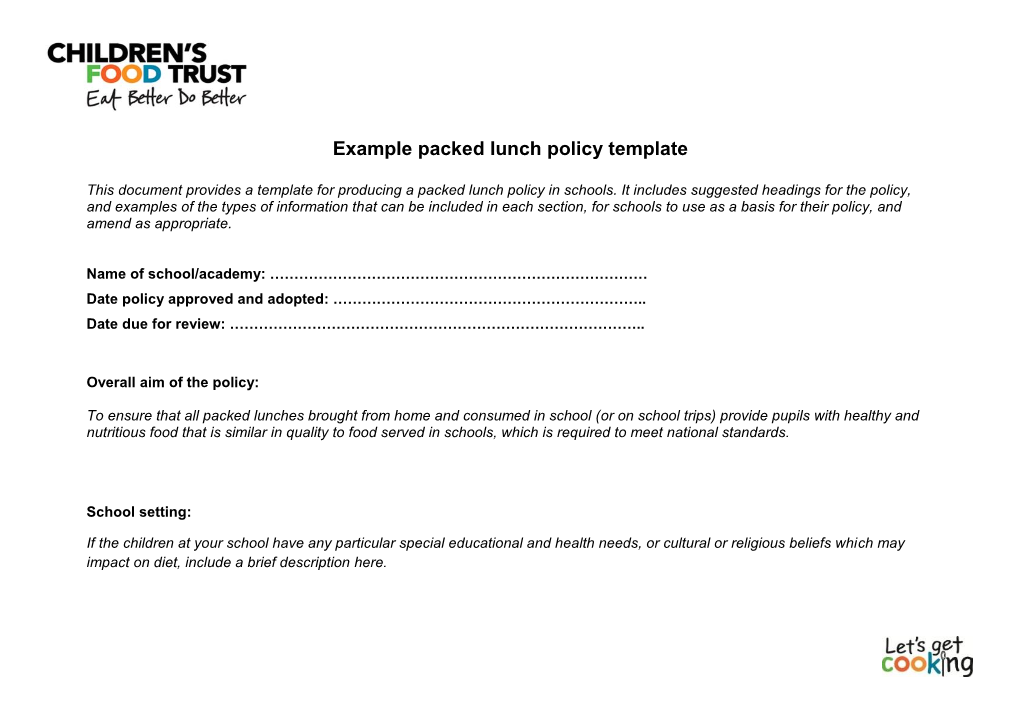 Example Packed Lunch Policy Template