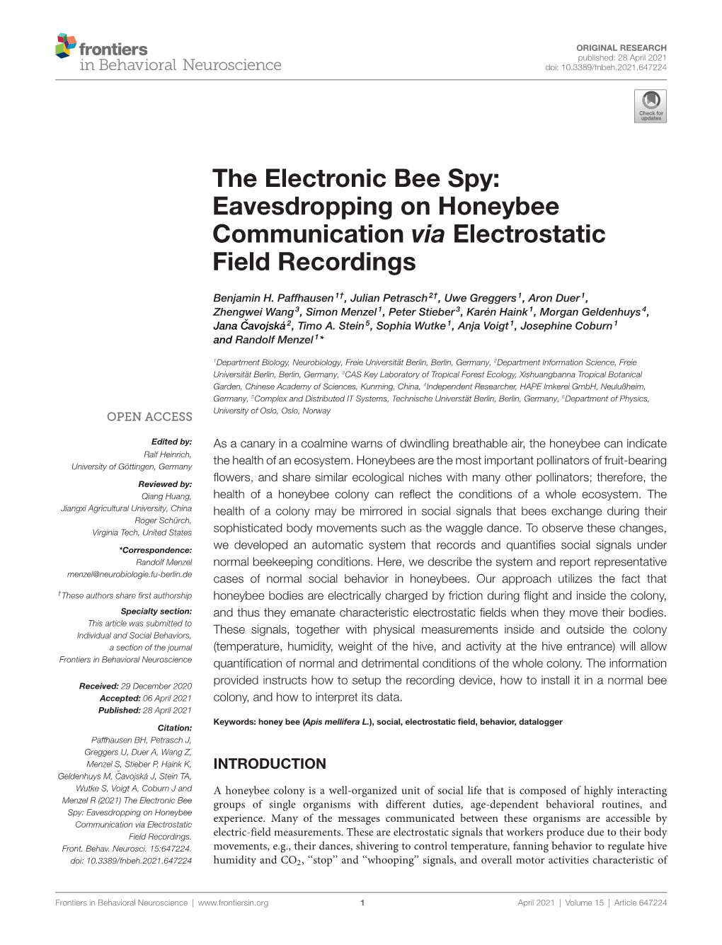 The Electronic Bee Spy: Eavesdropping on Honeybee Communication Via Electrostatic Field Recordings