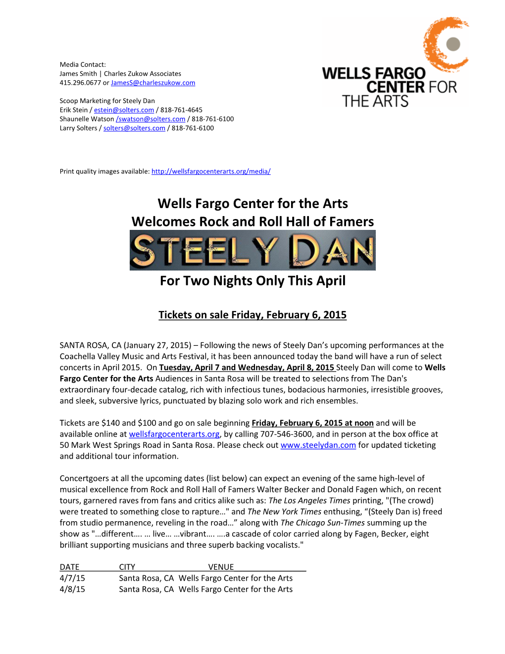 Wells Fargo Center for the Arts Welcomes Rock and Roll Hall of Famers