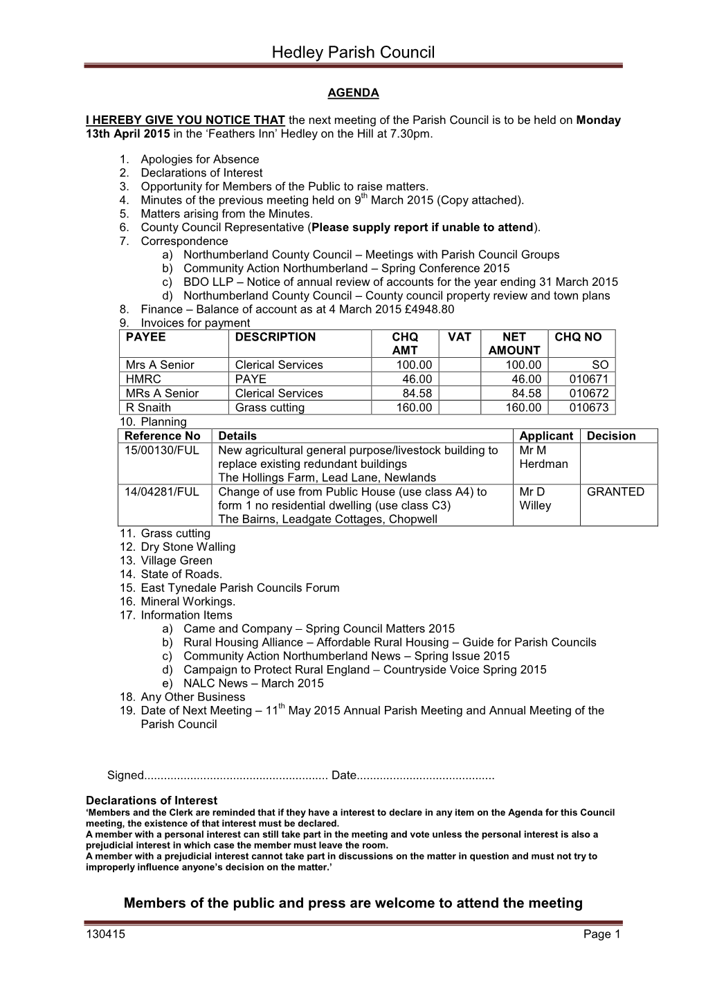 Hedley Parish Council