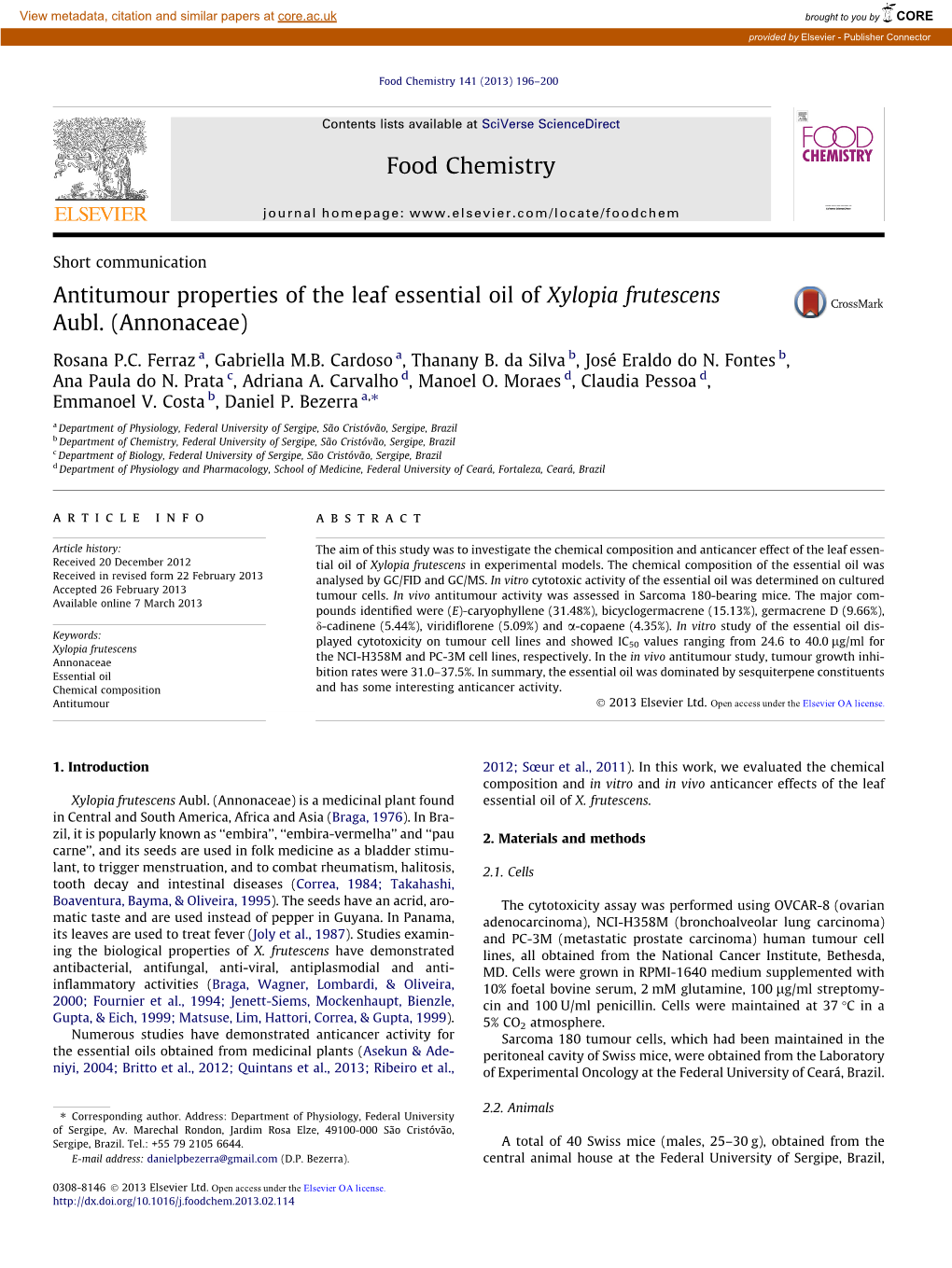 Antitumour Properties of the Leaf Essential Oil of Xylopia Frutescens Aubl. (Annonaceae)