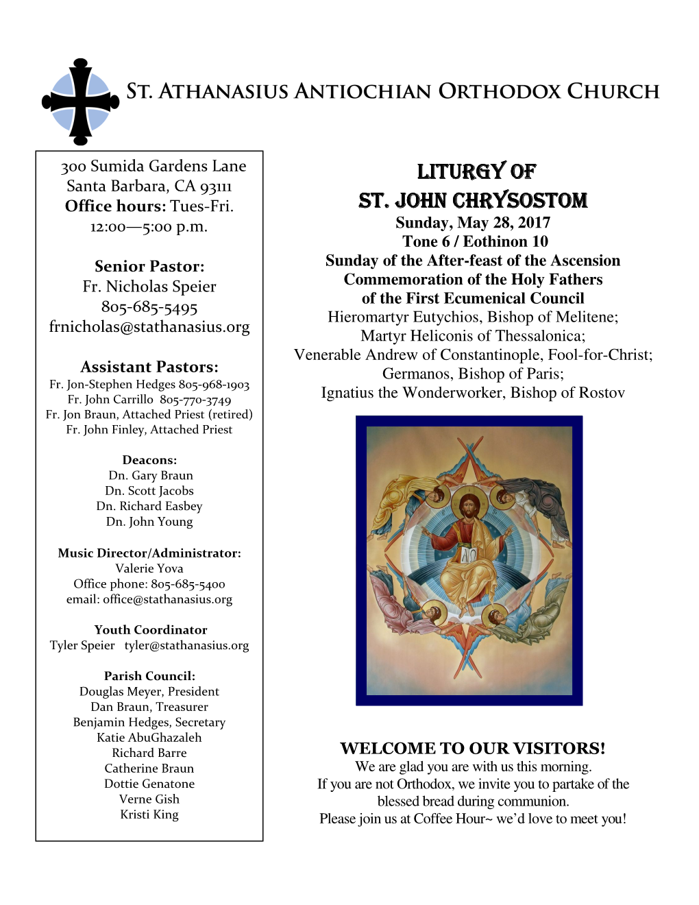 Bulletin 05.28.17 T6 Ascension Afterfeast, Fathers of 1St Council