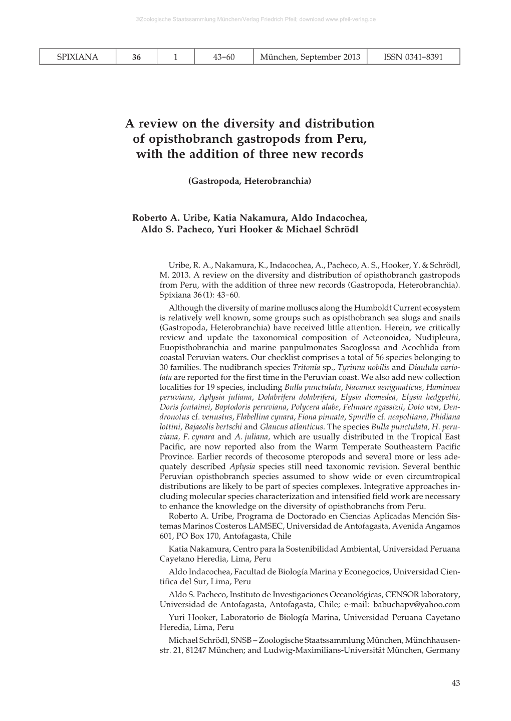 A Review on the Diversity and Distribution of Opisthobranch Gastropods from Peru, with the Addition of Three New Records