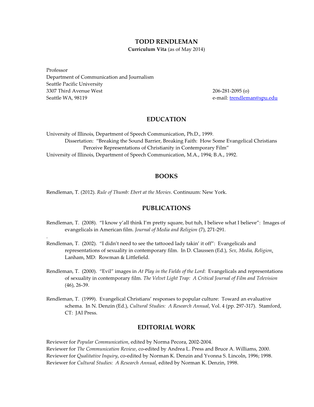 Dr. Rendleman's CV