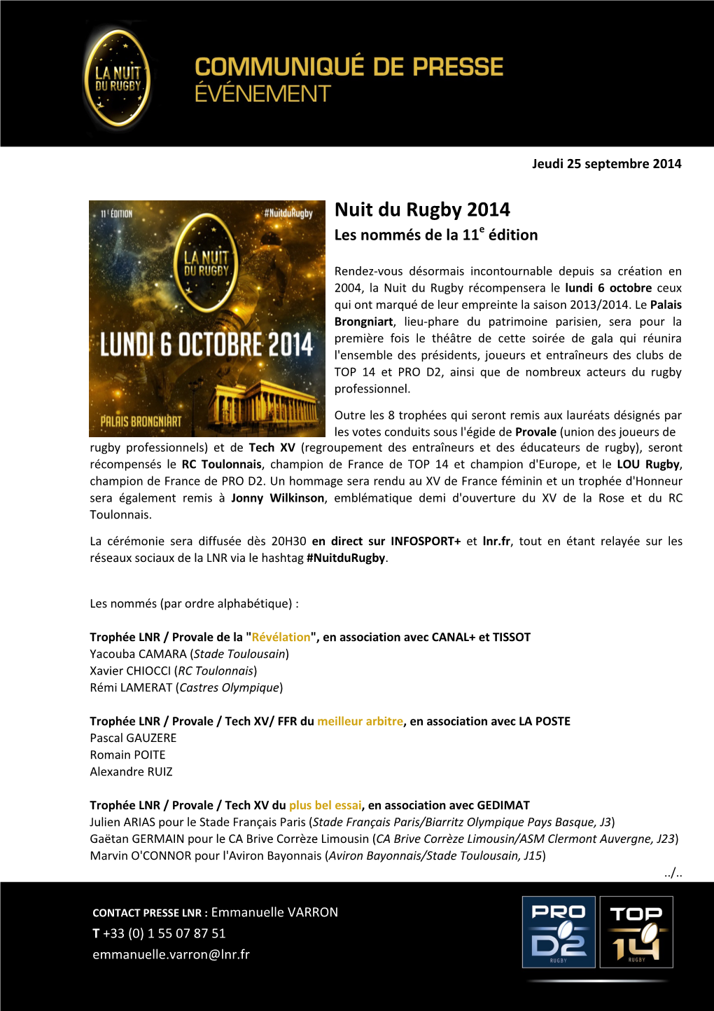 CP LNR Nommés 11 E Nuit Du Rugby (