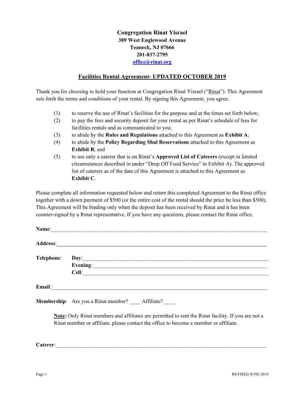 Congregation Rinat Yisrael Facilities Rental Agreement- UPDATED OCTOBER 2019