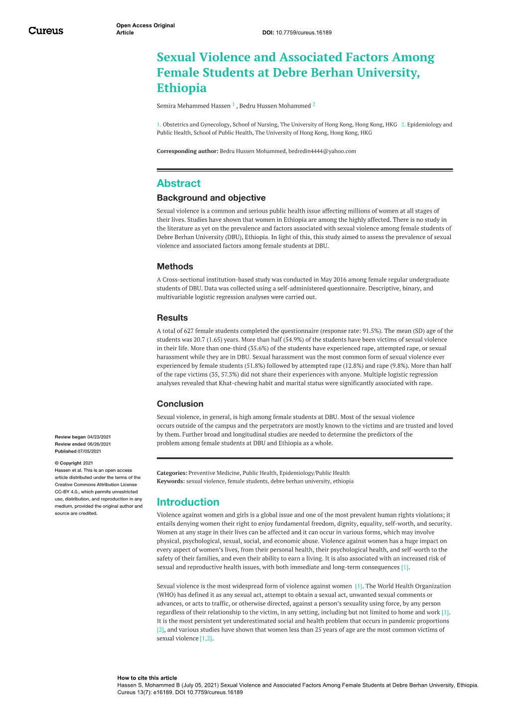 Sexual Violence and Associated Factors Among Female Students at Debre Berhan University, Ethiopia