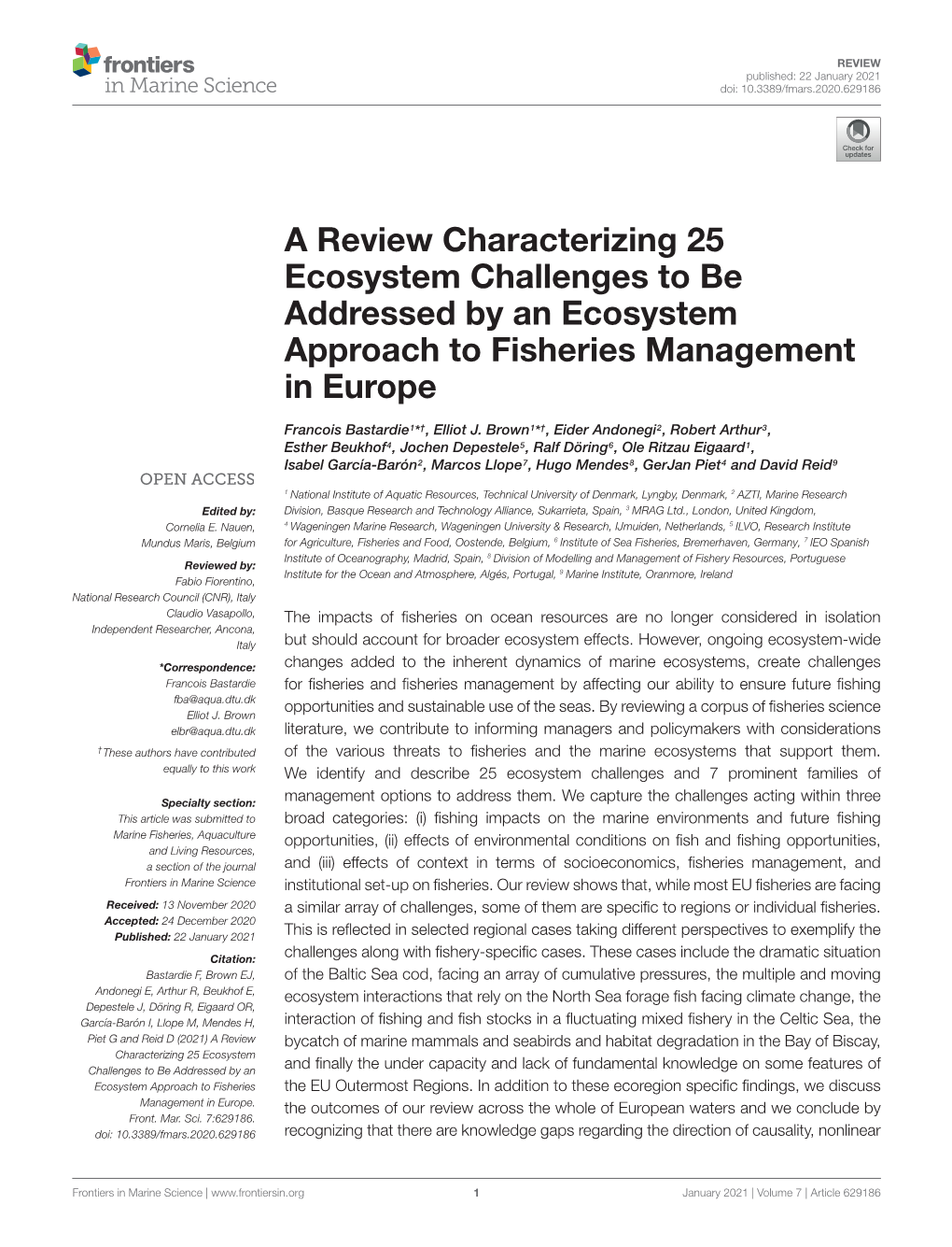A Review Characterizing 25 Ecosystem Challenges to Be Addressed by an Ecosystem Approach to Fisheries Management in Europe