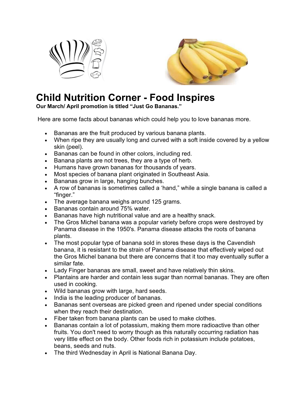 Child Nutrition Corner - Food Inspires Our March/ April Promotion Is Titled “Just Go Bananas.”