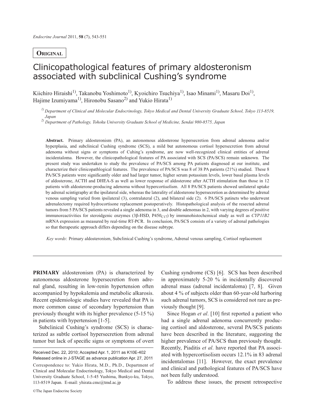 Clinicopathological Features of Primary Aldosteronism Associated with Subclinical Cushing's Syndrome