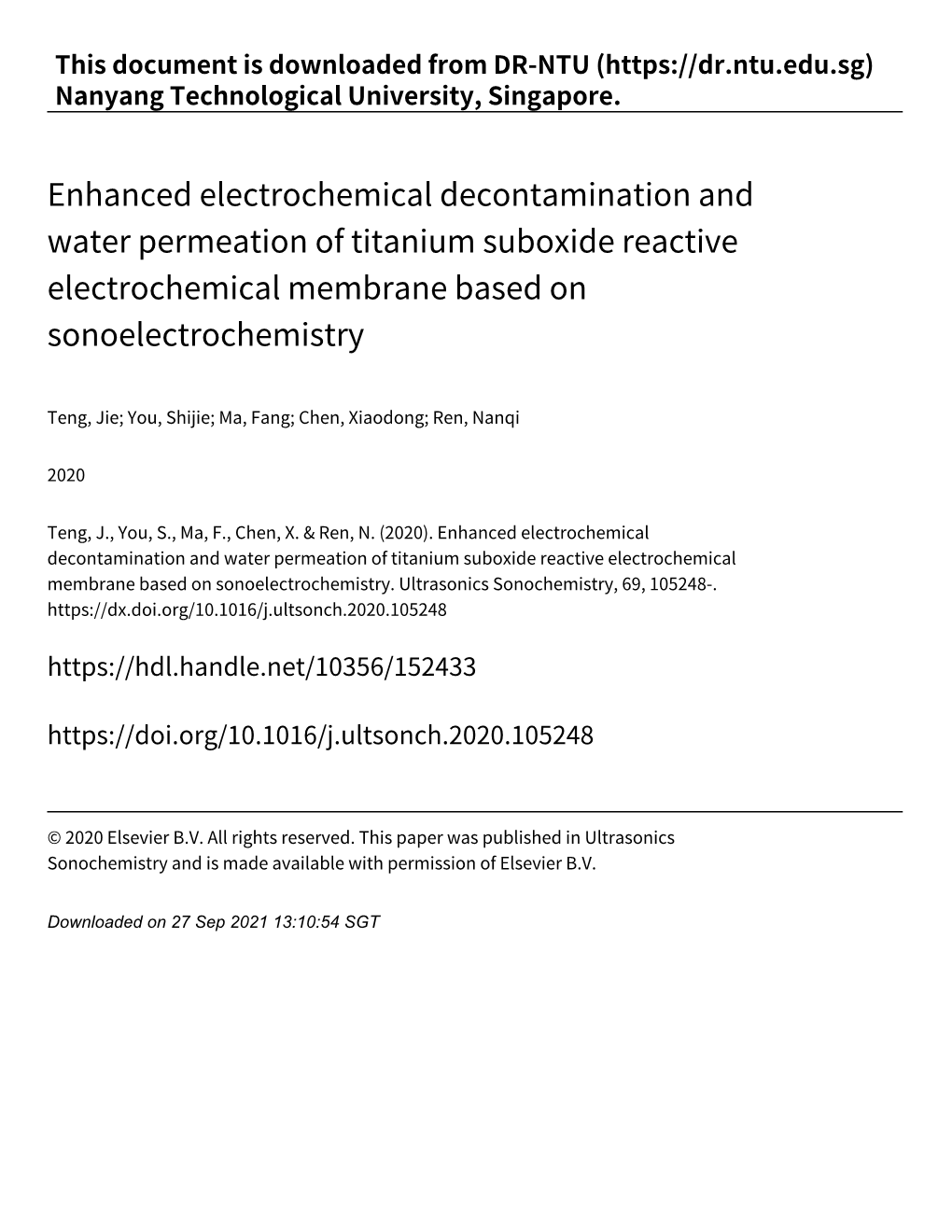 Enhanced Electrochemical Decontamination and Water Permeation of Titanium Suboxide Reactive Electrochemical Membrane Based on Sonoelectrochemistry