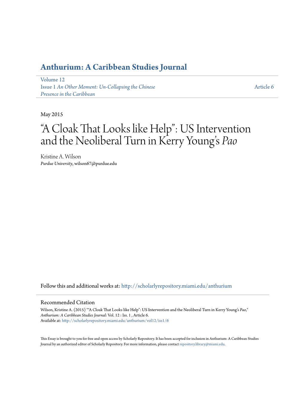 US Intervention and the Neoliberal Turn in Kerry Young’S Pao Kristine A