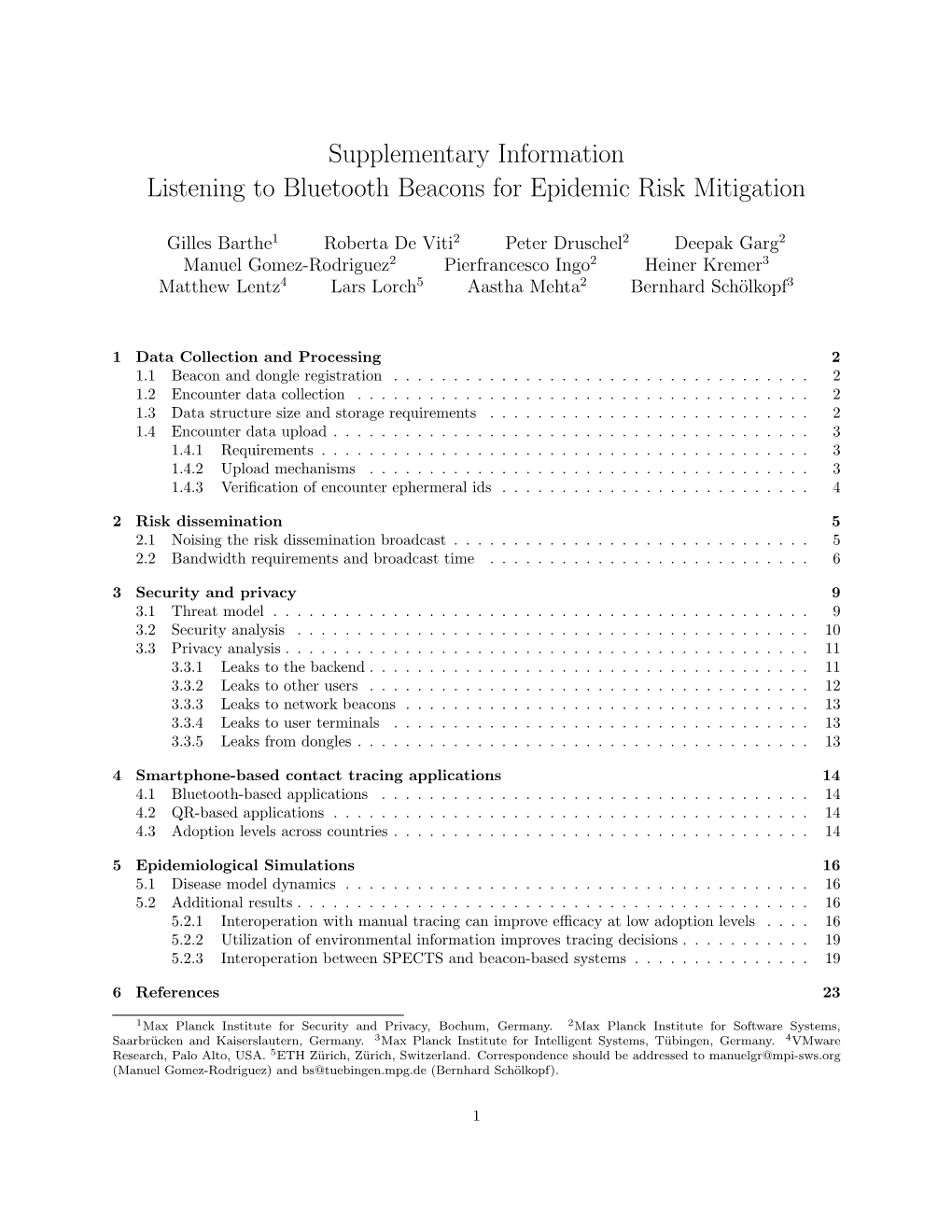 Supplementary Information Listening to Bluetooth Beacons for Epidemic Risk Mitigation