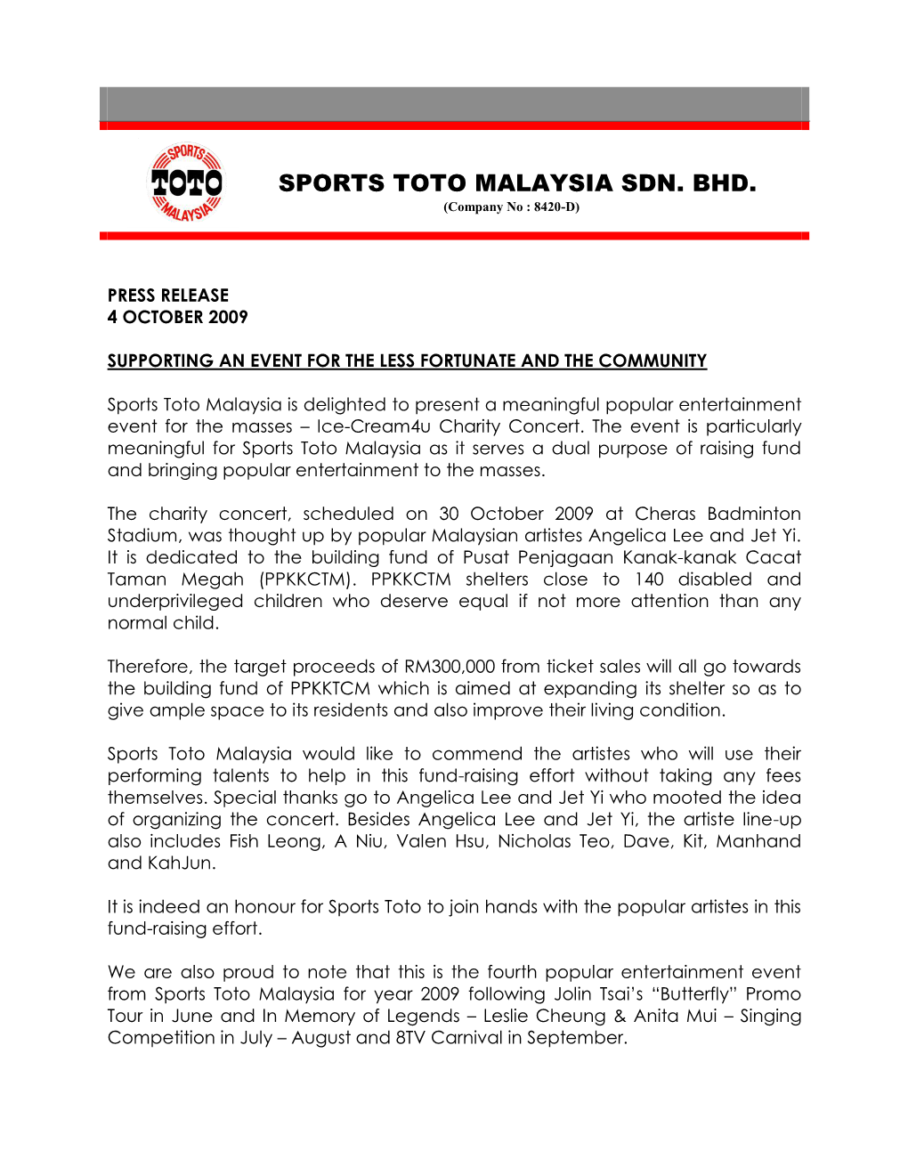 SPORTS TOTO MALAYSIA SDN. BHD. (Company No : 8420-D)