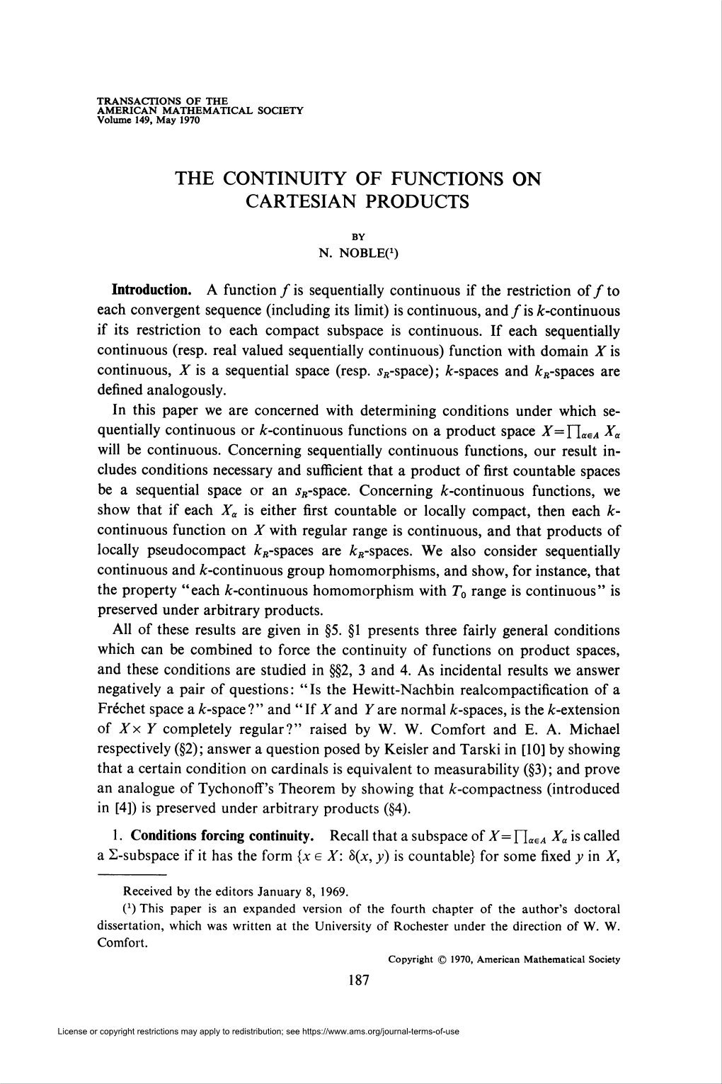 The Continuity of Functions on Cartesian Products