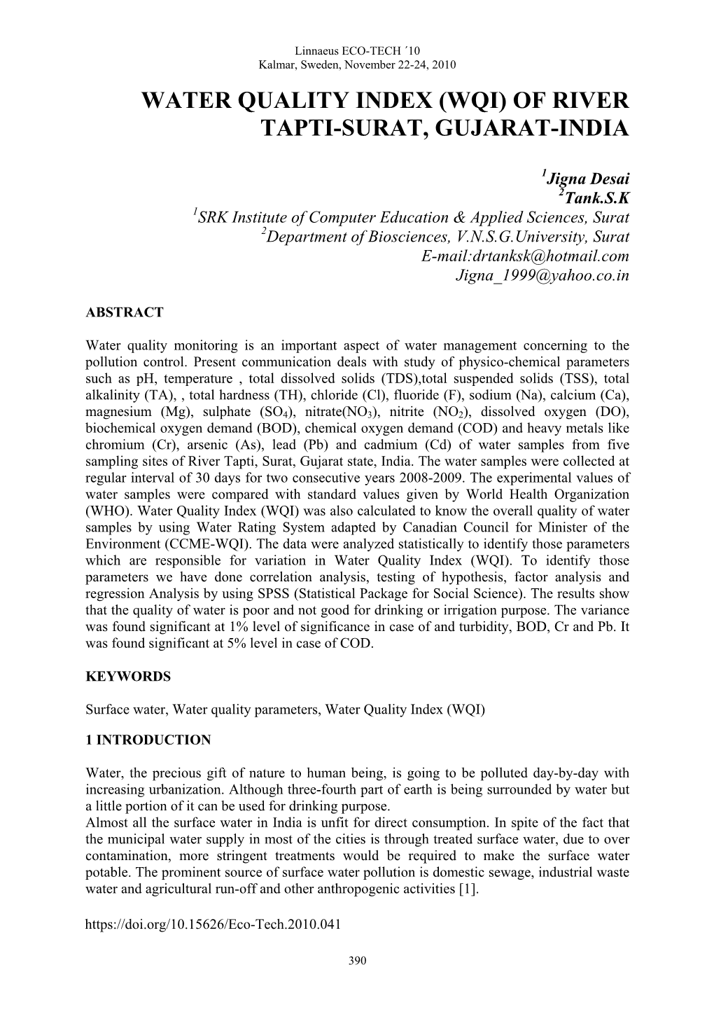 Water Quality Index (Wqi) of River Tapti-Surat, Gujarat-India