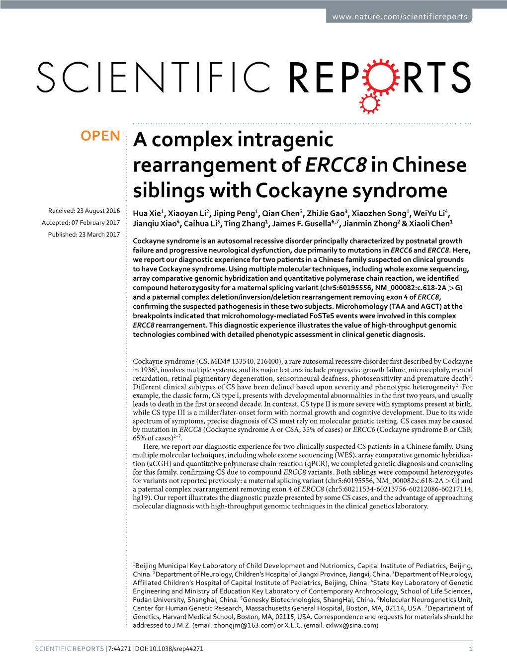 A Complex Intragenic Rearrangement of ERCC8 in Chinese Siblings With