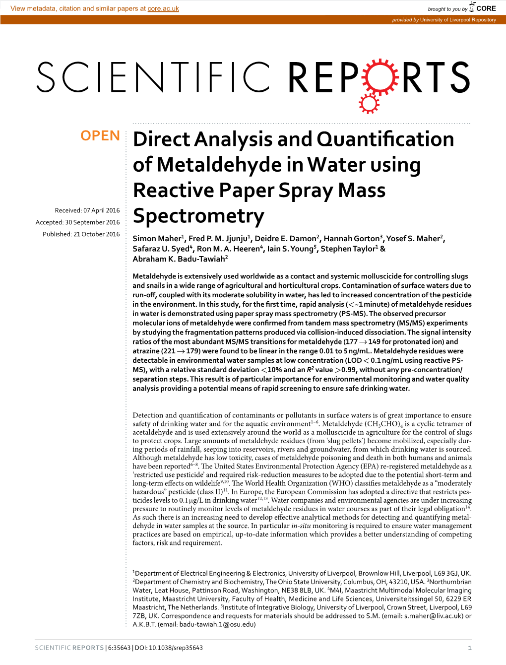 Direct Analysis and Quantification of Metaldehyde in Water