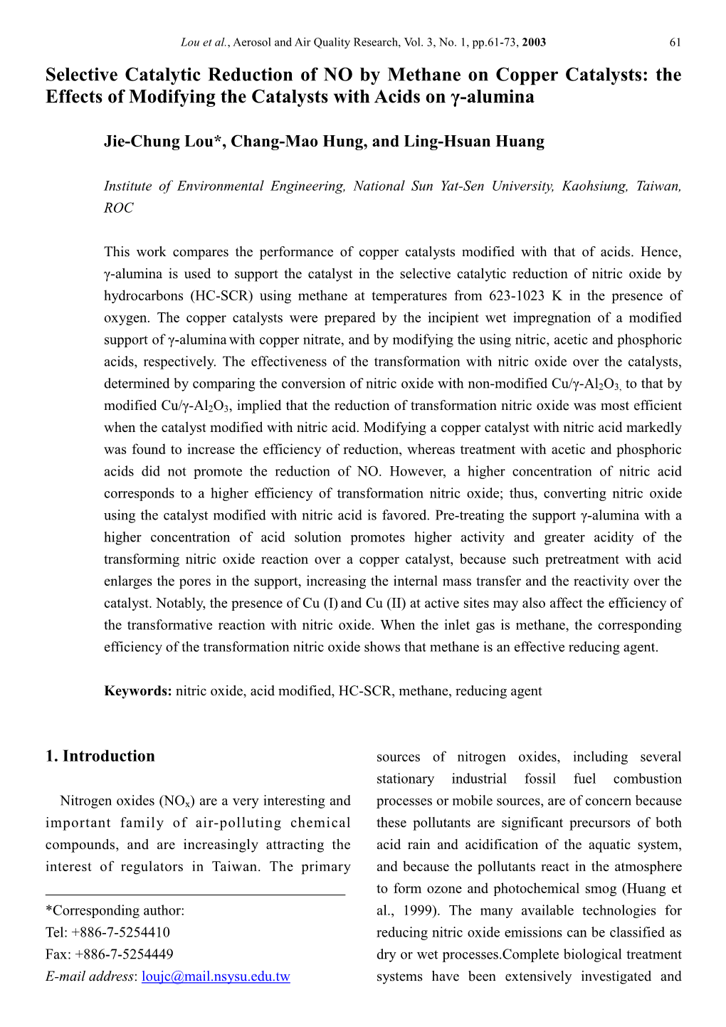 Selective Catalytic Reduction of NO by Methane on Copper Catalysts: the Effects of Modifying the Catalysts with Acids on Γ-Alumina