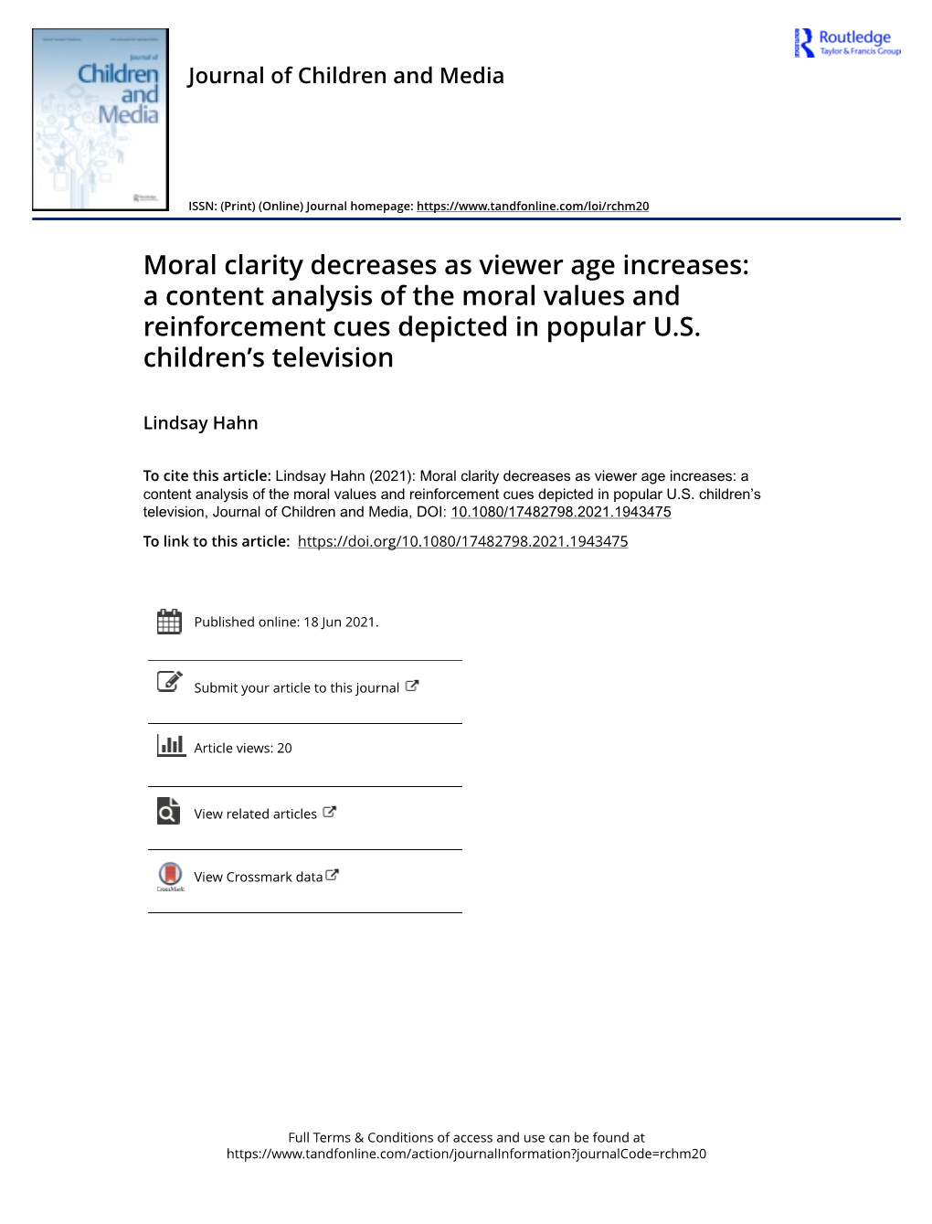 A Content Analysis of the Moral Values and Reinforcement Cues Depicted in Popular U.S