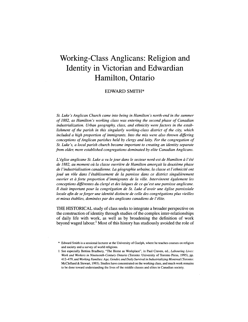 Religion and Identity in Victorian and Edwardian Hamilton, Ontario