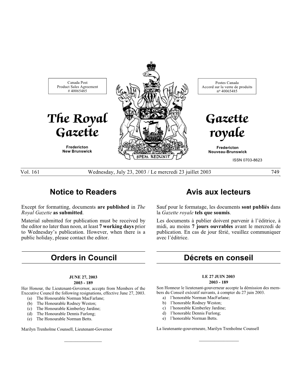 The Royal Gazette Gazette Royale