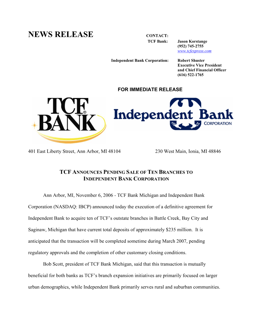 NEWS RELEASE CONTACT: TCF Bank: Jason Korstange (952) 745-2755