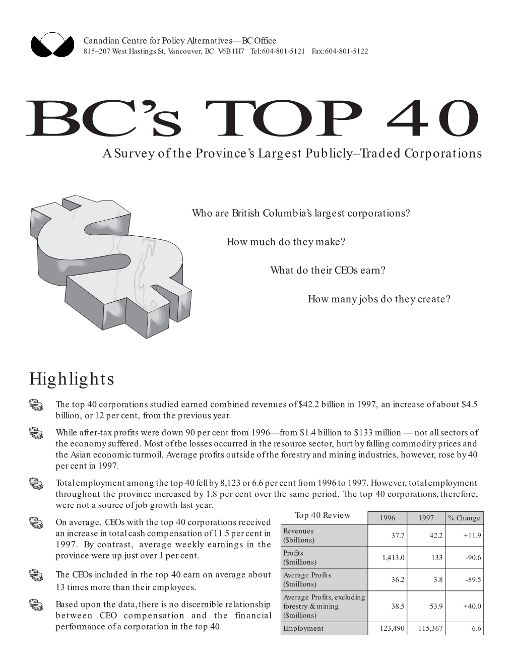 TOP 40 a Survey of the Province’S Largest Publicly–Traded Corporations