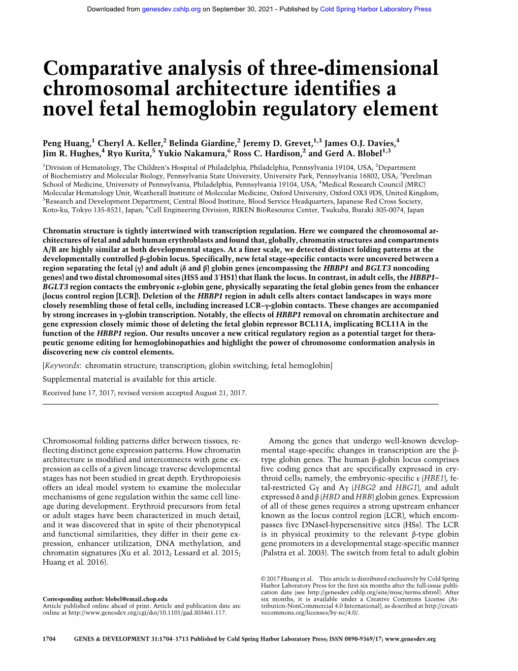 Comparative Analysis of Three-Dimensional Chromosomal Architecture Identifies a Novel Fetal Hemoglobin Regulatory Element