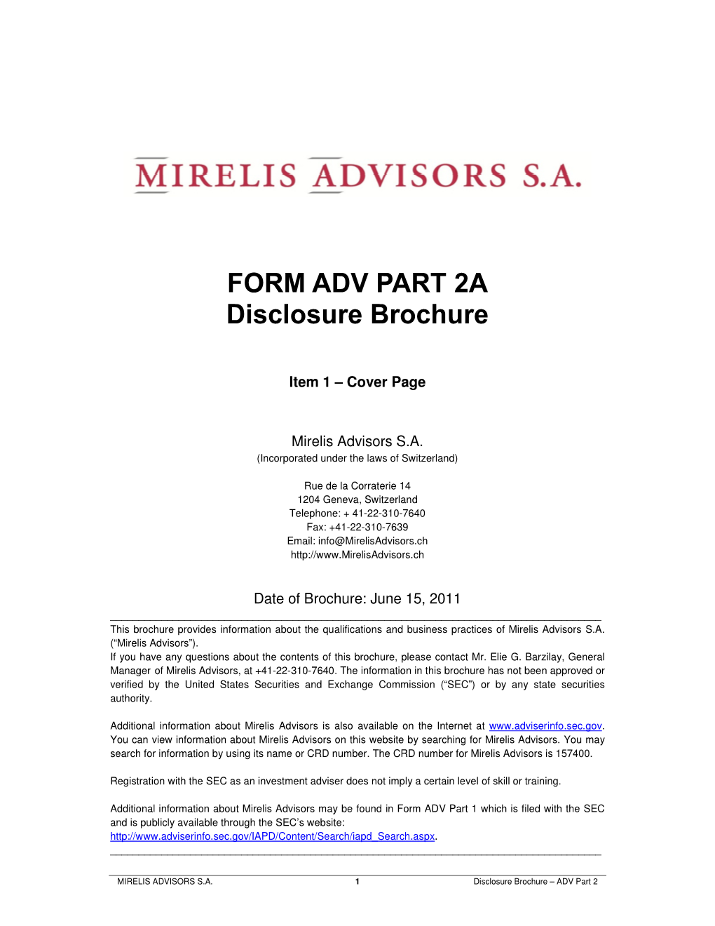 FORM ADV PART 2A Disclosure Brochure