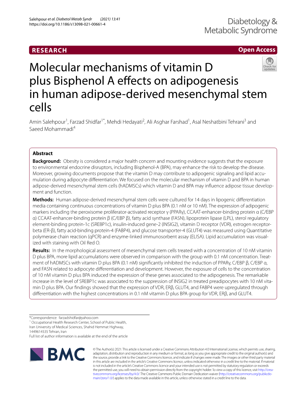 Molecular Mechanisms of Vitamin D Plus Bisphenol a Effects on Adipogenesis in Human Adipose-Derived Mesenchymal Stem Cells