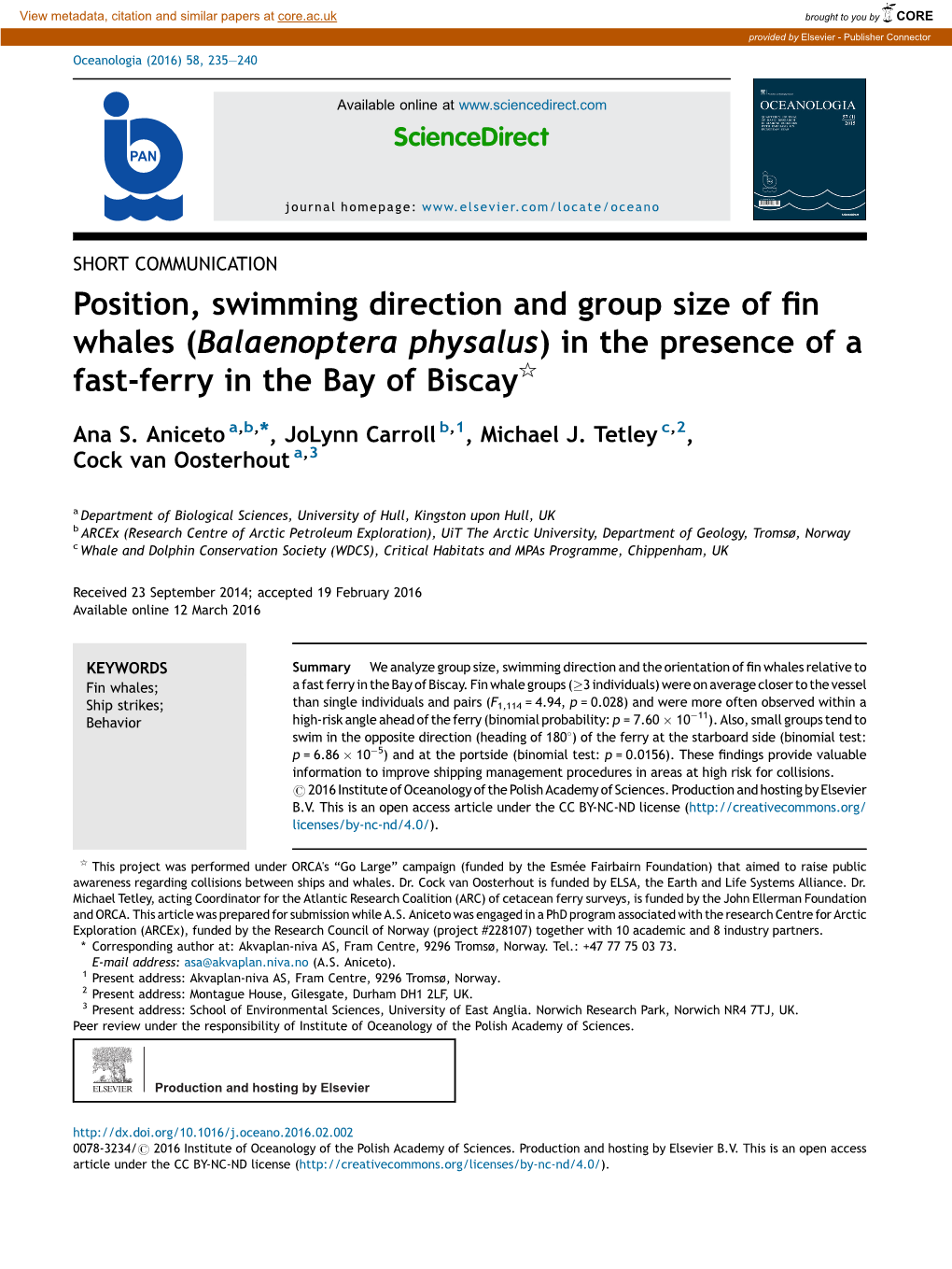 Balaenoptera Physalus) in the Presence of A