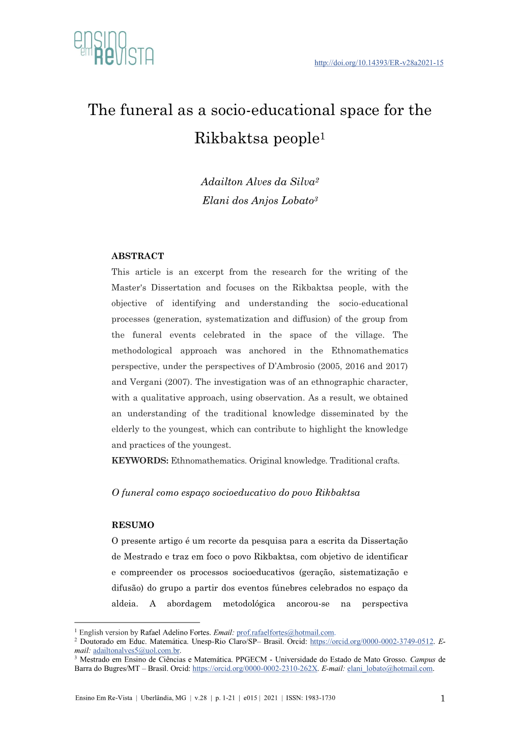 The Funeral As a Socio-Educational Space for the Rikbaktsa People1